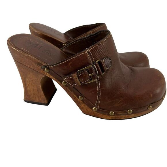 MIA Wooden Clogs Mules Y2K Brown Distressed Leather Womens US Size 7 Chunky Heel - Picture 14 of 14